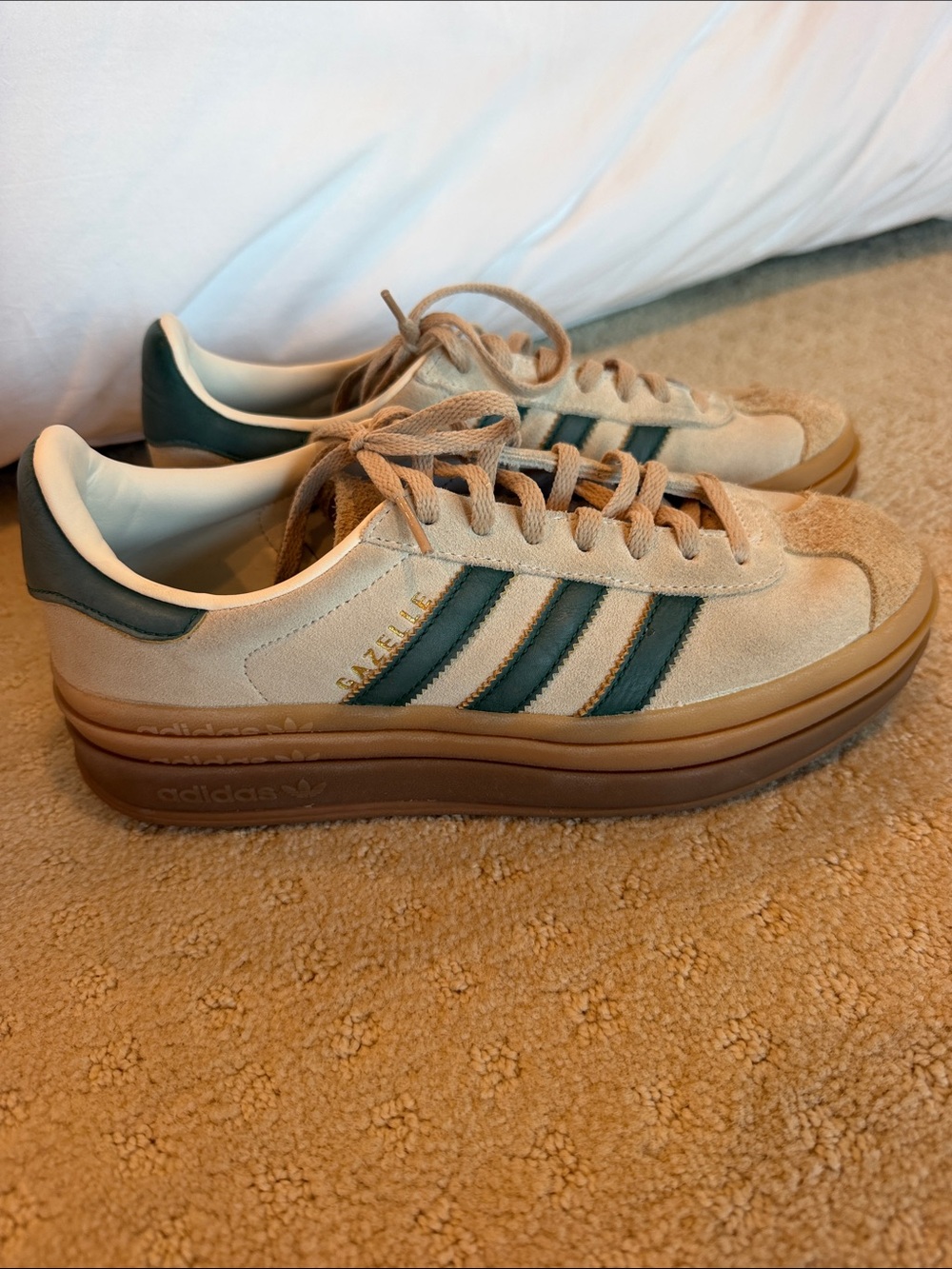 Adidas Gazelle Platform Suede Sneakers - Beige with Dark Green Stripes